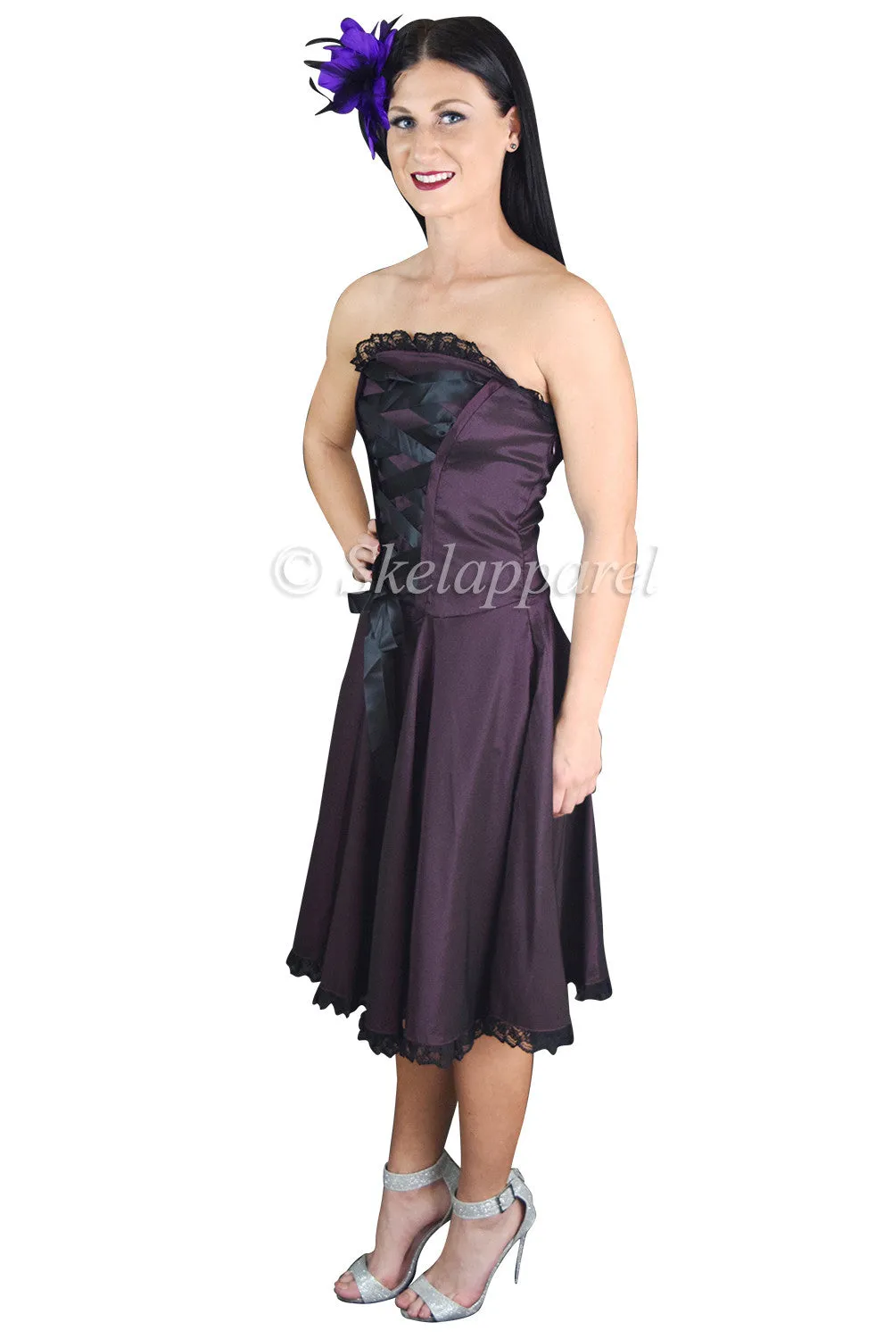 Victorian Style Satin ribbon Strapless Purple Satin Corset Lace-up Dress