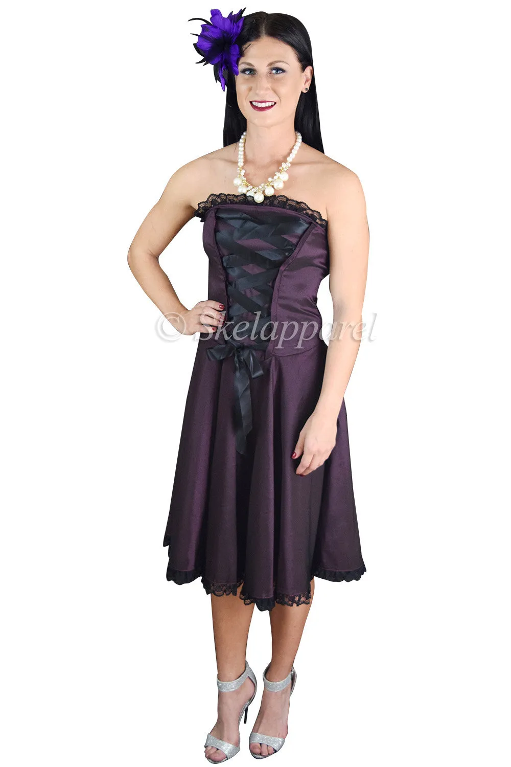 Victorian Style Satin ribbon Strapless Purple Satin Corset Lace-up Dress