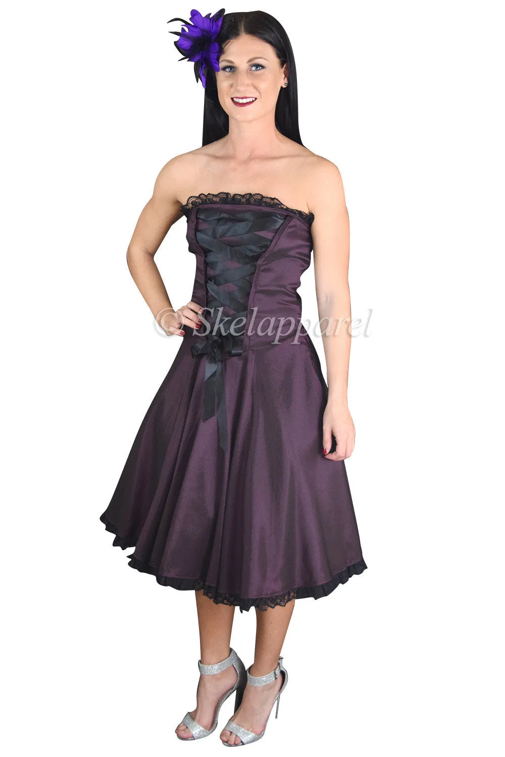 Victorian Style Satin ribbon Strapless Purple Satin Corset Lace-up Dress