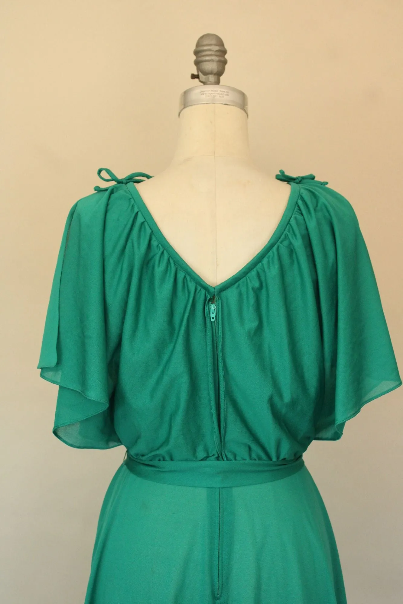 Vintage 1970s Green Dress with Belt and Flutter Sleeves