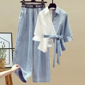 Women's two-piece set with high-waisted pants and shirt