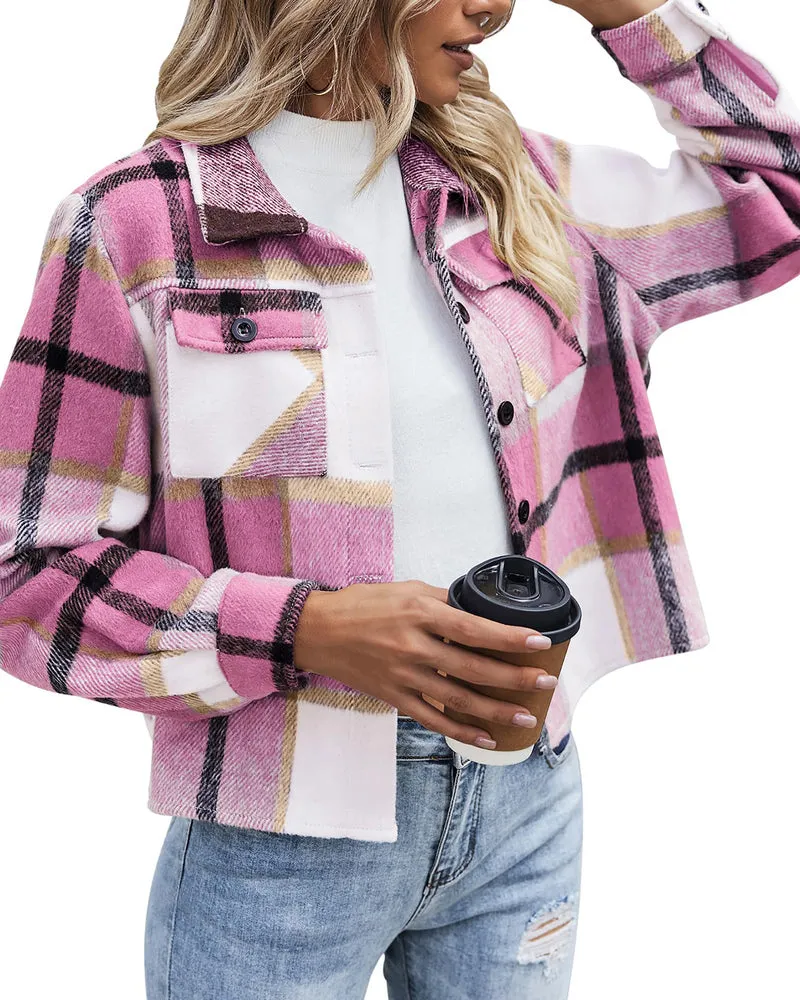 Zeagoo Flannels for Women Cropped Shacket Jacket Fashion Plaid Button Down Shirt 2023 Fall Coat Tops