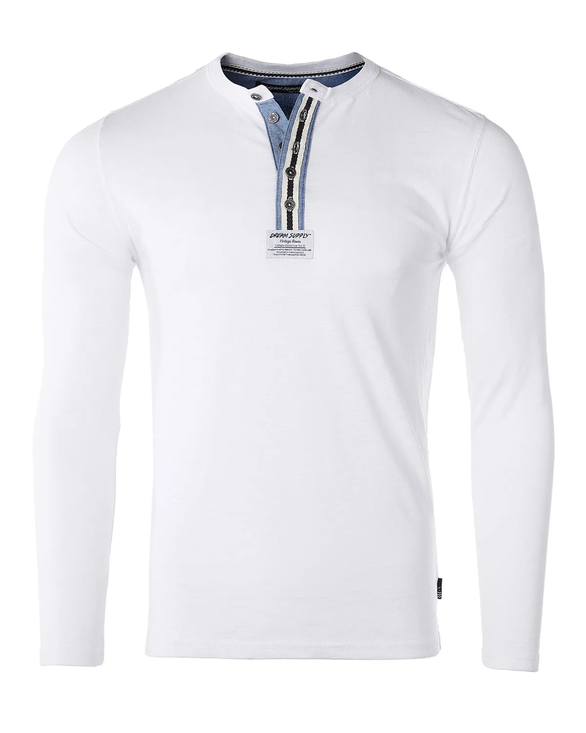 Zimego Mens Long Sleeve Crew Neck Oil Wash Vintage Button Henley T-Shirt