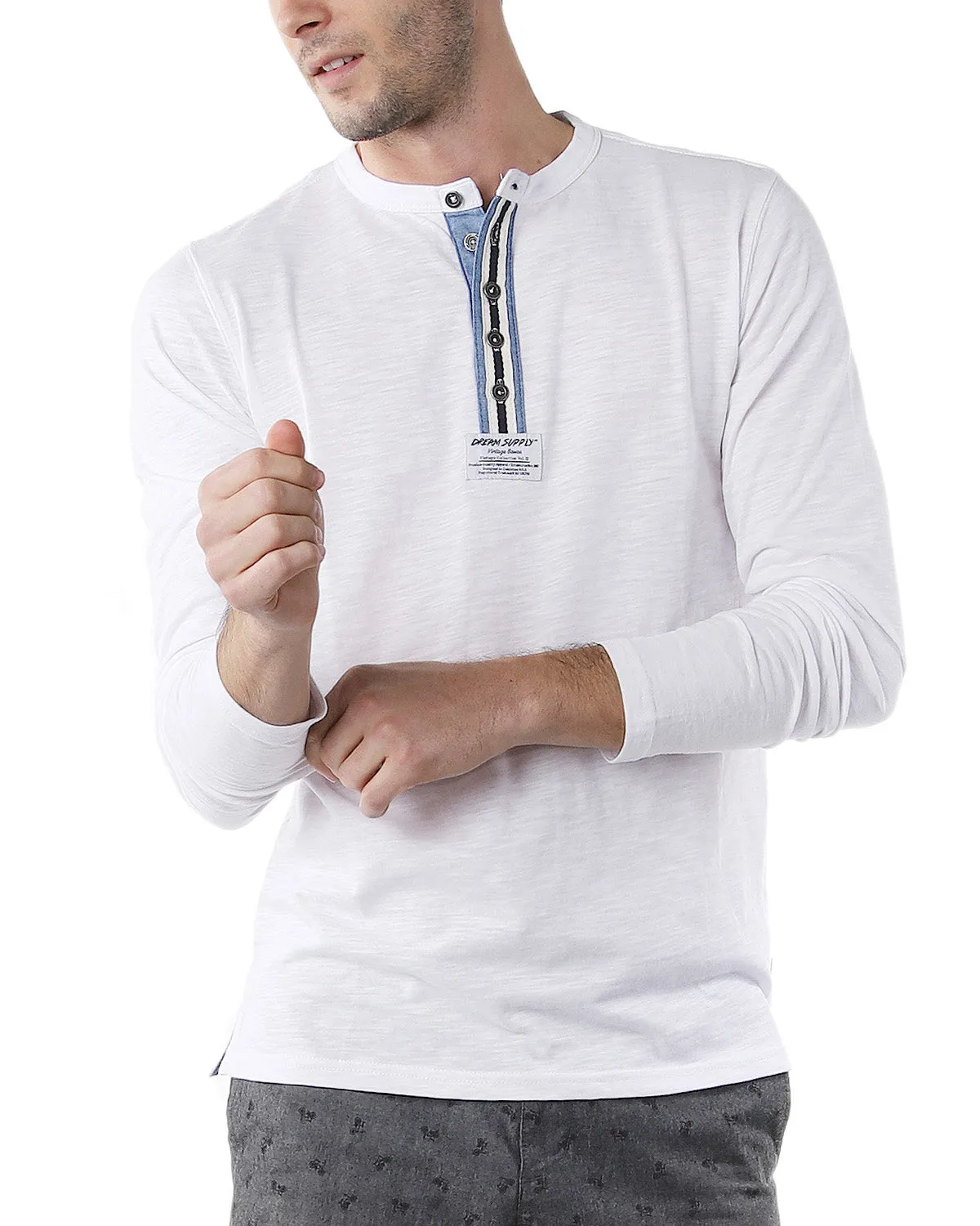 Zimego Mens Long Sleeve Crew Neck Oil Wash Vintage Button Henley T-Shirt