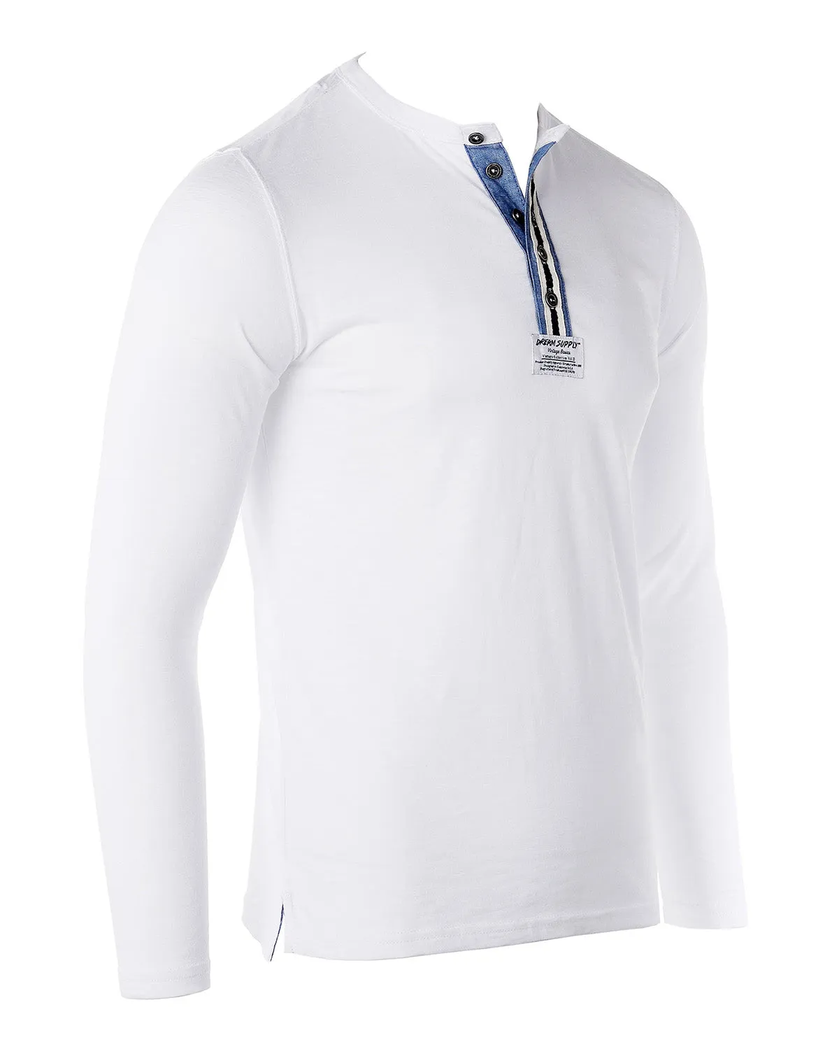 Zimego Mens Long Sleeve Crew Neck Oil Wash Vintage Button Henley T-Shirt
