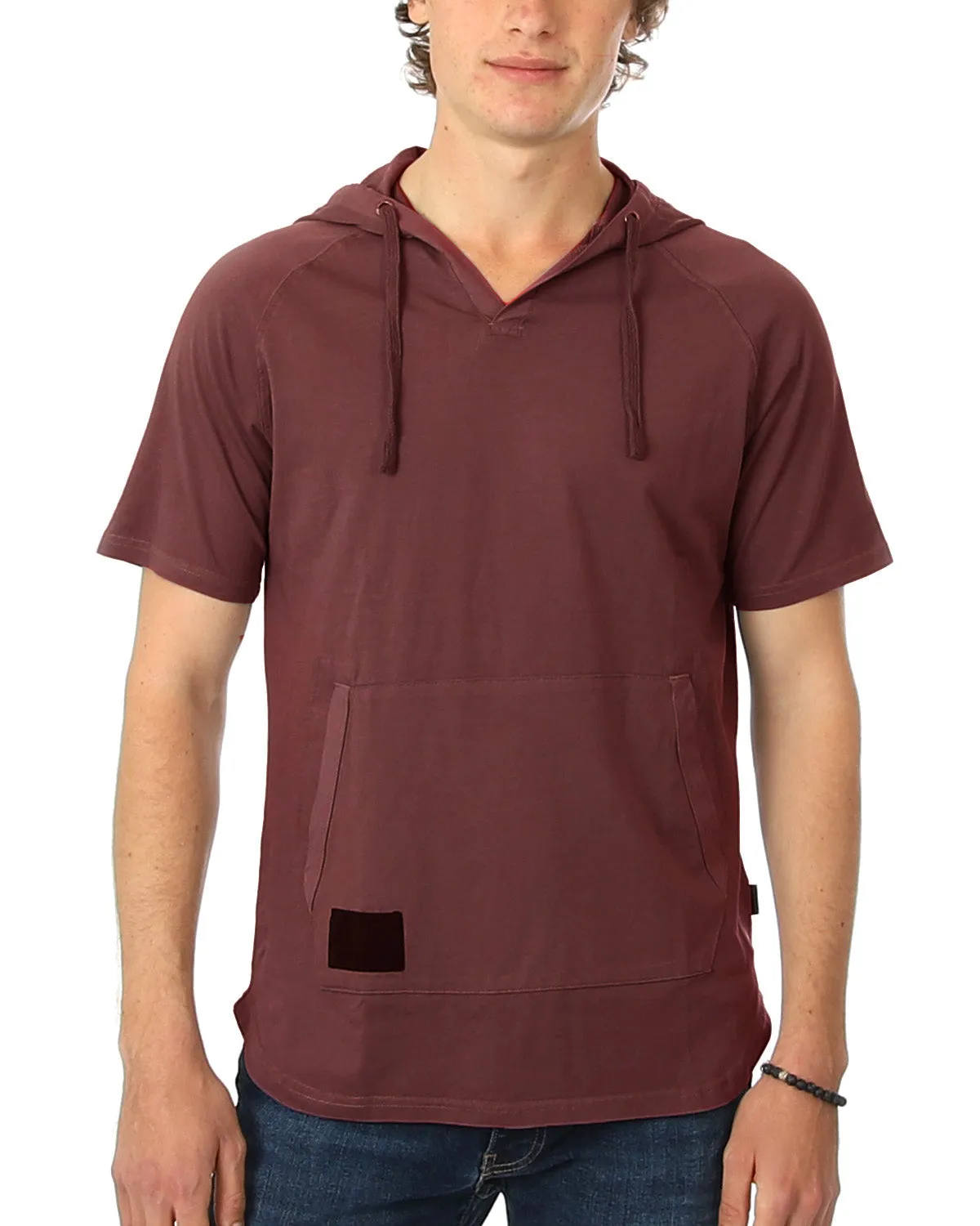 Zimego Pigment Dyed Hooded Shirt Short Sleeve  V Neck Raglan Henley Style Hoodie